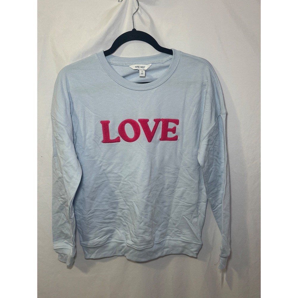 Nine West LOVE Graphic Sweatshirt Womens S Blue Fuzzy Cozy Coquette Pullover